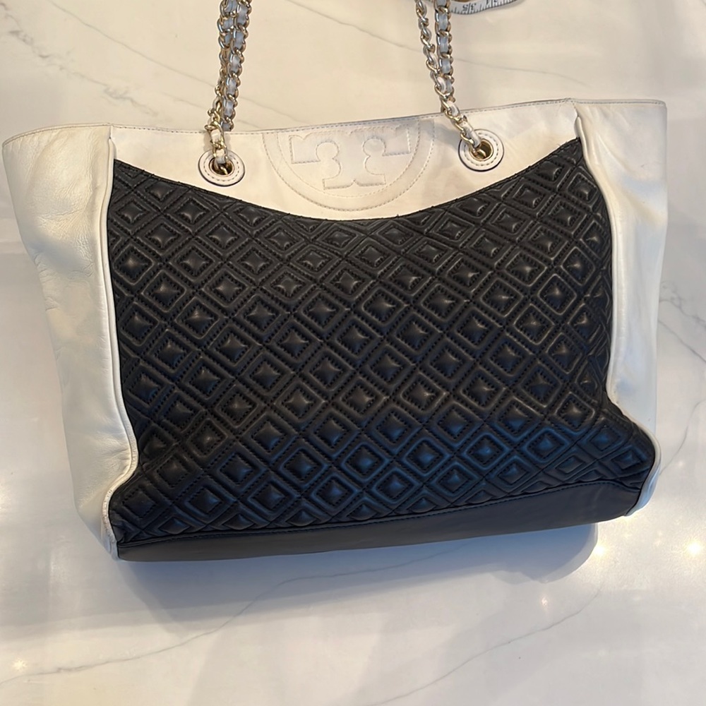 TORY BURCH black and white chain handle bag